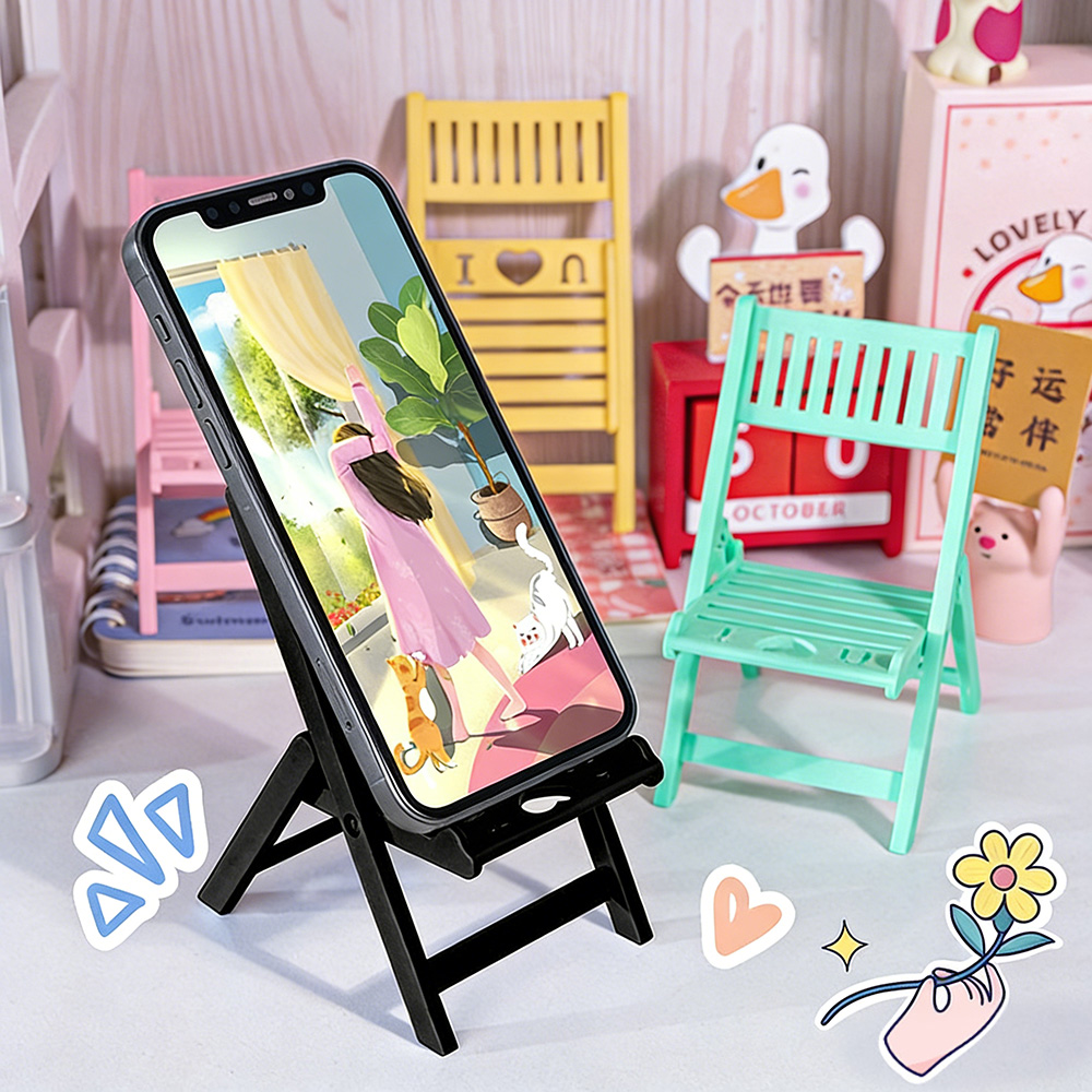 Kawaii Tech Accessories - ขาตั้งโทรศัพท์แบบพับได้ขนาดเล็ก ที่วางโทรศัพท์มือถือ ขาตั้งกันลื่น ที่วางโทรศัพท์แบบตั้งโต๊ะ รูปทรงเก้าอี้ น้ำหนักเบา