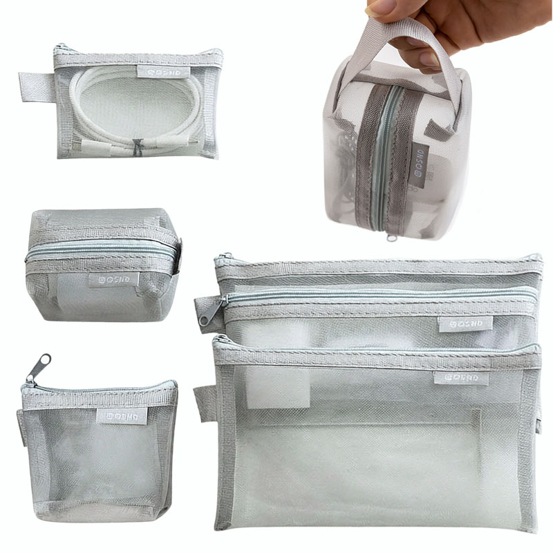 Tech Accessories Case - กระเป๋าตาข่ายสีเทาสำหรับจัดระเบียบ – สำหรับการเดินทาง, เครื่องสำอาง, เครื่องเขียน, อุปกรณ์อิเล็กทรอนิกส์